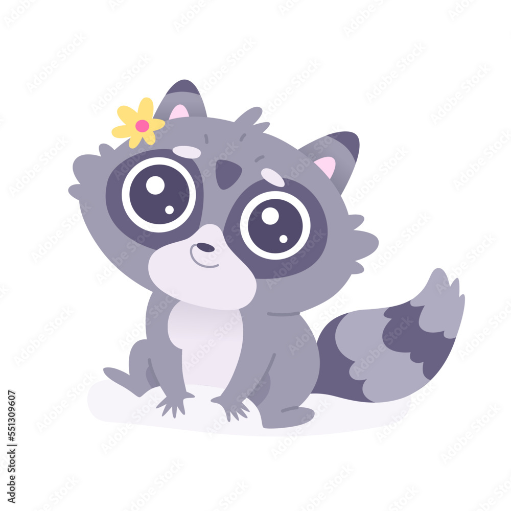 Cute raccoon big eyes, adorable baby girl racoon character with forest flower decoration Cute raccoon big eyes, adorable baby girl racoon character with forest flower decoration