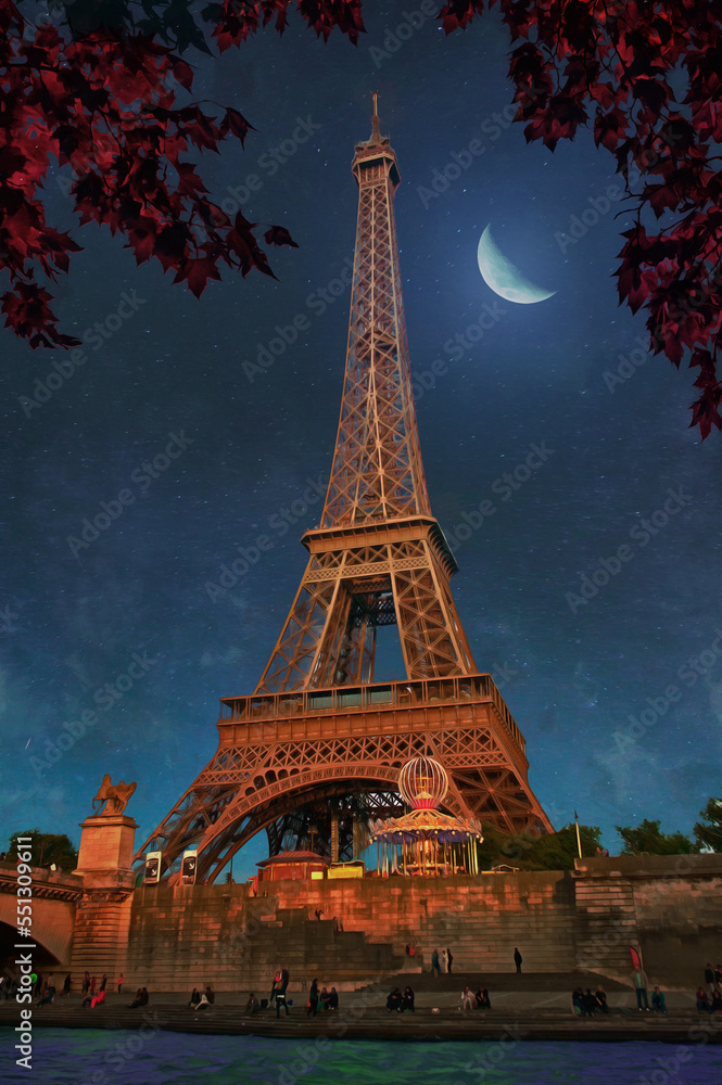 Paris night oil painting with Eiffel tower. Collection of designer oil paintings. Decoration for the interior. Modern abstract canvas art. Set of pictures. autumn. vintage.
