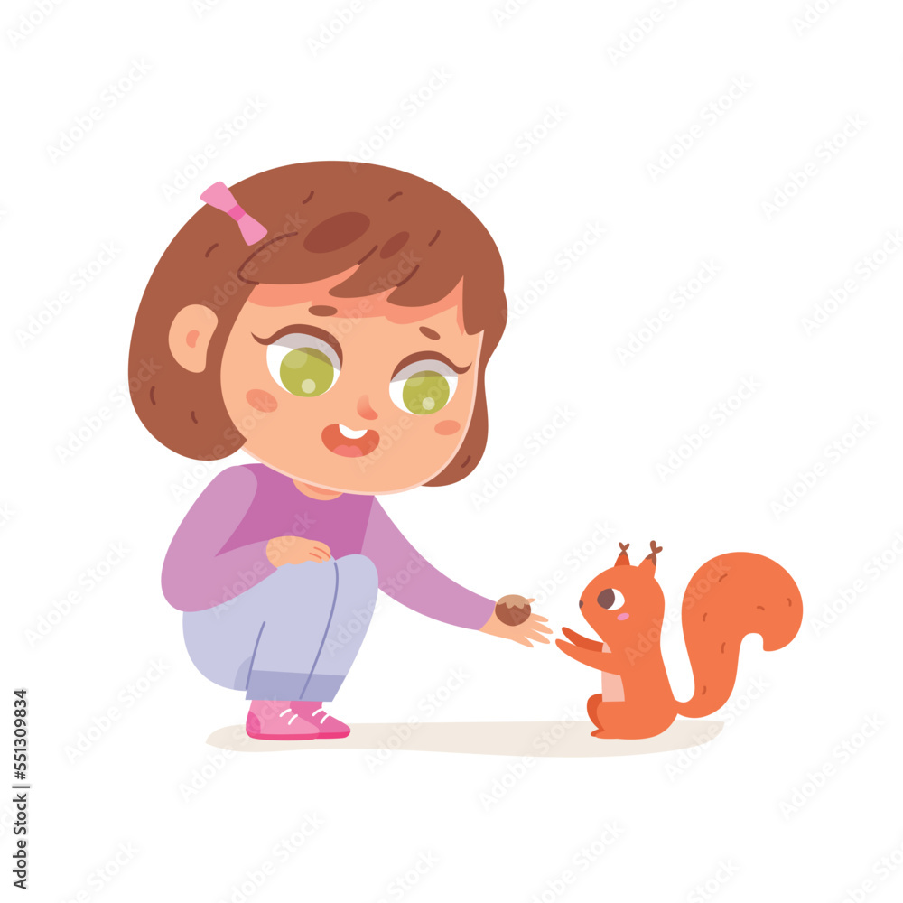 Girl feeding cute squirrel, adorable kid holding nut to feed forest little fluffy animal