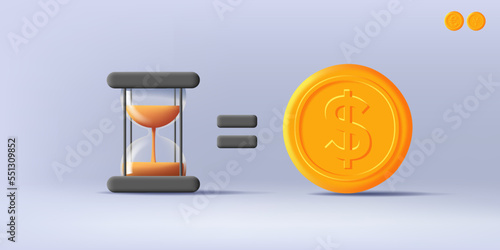 Time equals money concept 3d illustration with sand clock icon and golden coin