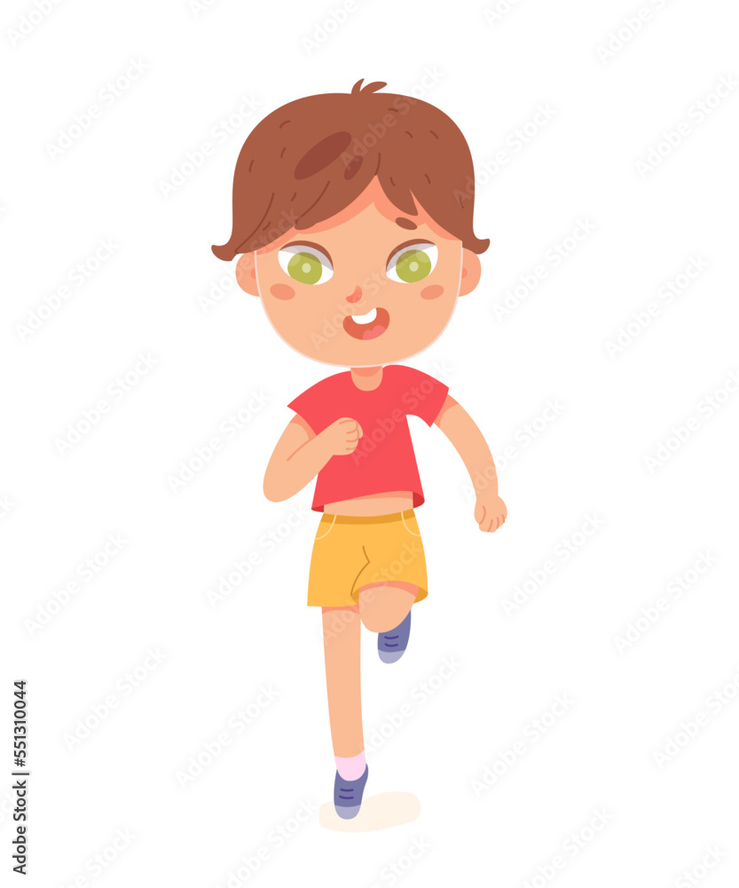 Kids fast run, front view, child athlete training, active boy running healthy marathon