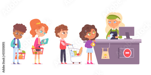 Customers kids in queue vector illustration. Children buyers in grocery store at cash desk with cashier characters. Consumers boys and girls in supermarket buying goods. Market shopping.