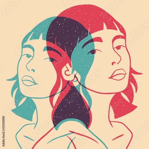 A stylized portrait of a girl. Perfect for logo, poster, avatar, t-shirt design.  Colorful cute screen printing effect. Riso print effect. 
