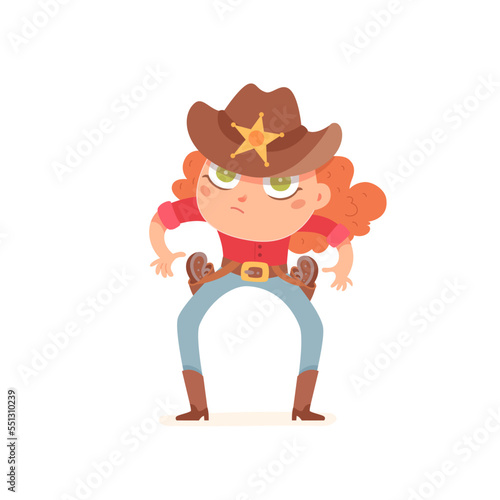 Cute kid cowgirl, funny girl in traditional texas sheriff costume wearing hat with star