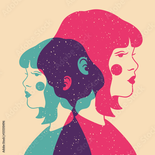 A stylized portrait of a girl. Perfect for logo, poster, avatar, t-shirt design.  Colorful cute screen printing effect. Riso print effect. 