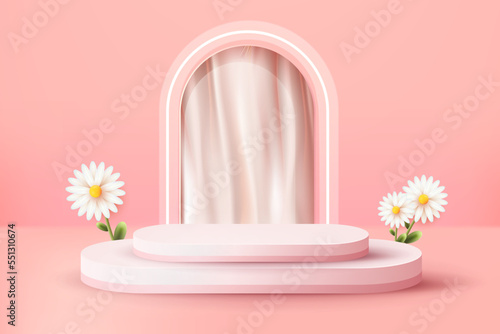 3d abstract scene background long pink podium with flower curtain background product presentation mock up show