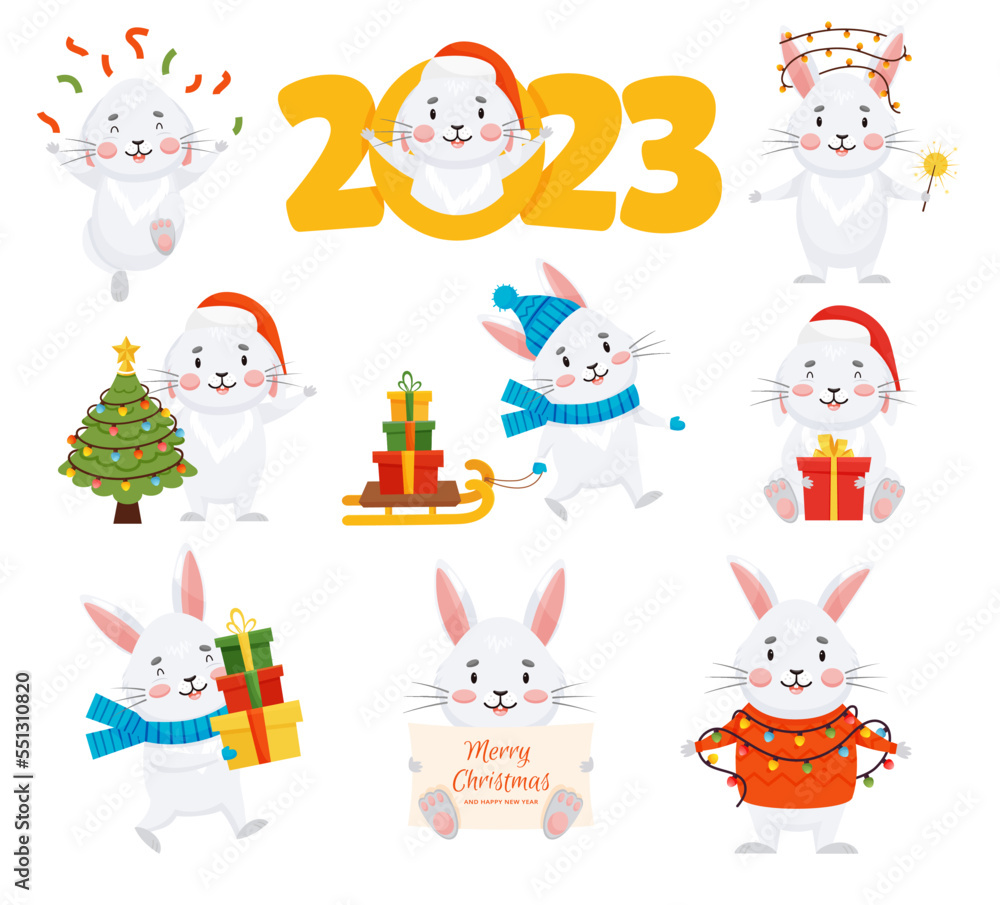 Christmas and New Year set of cute rabbits. Numbers 2023 year with mascot bunny. Santa hat, fir tree, confetti, gifts. Vector clipart on white background Christmas and New Year set of cute rabbits. Numbers 2023 year with mascot bunny. Santa hat, fir tree, confetti, gifts. Vector clipart on white background
