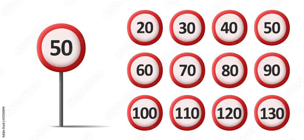 Speed limit road sign set, stick with round white plate with red circle and number Speed limit road sign set, stick with round white plate with red circle and number