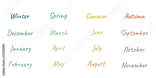 Handwritten names of months December, January, February, March, April, May, June, July, August, September, October, November. Calligraphy words for calendars and organisers in different colors