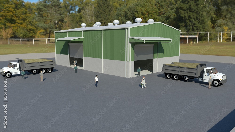 Industrial steel building with workers loading and unloading trucks ...