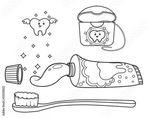 Coloring set toothpaste, toothbrush floss and magic tooth