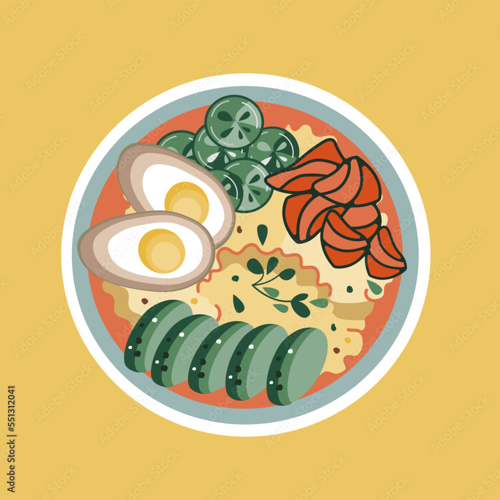 Asian food sticker. Bowl with rice, eggs, salmon, avocado, and cucumbers. Suitable for restaurant banners, logos, and fast food advertisements. Asian food sticker. Bowl with rice, eggs, salmon, avocado, and cucumbers. Suitable for restaurant banners, logos, and fast food advertisements.