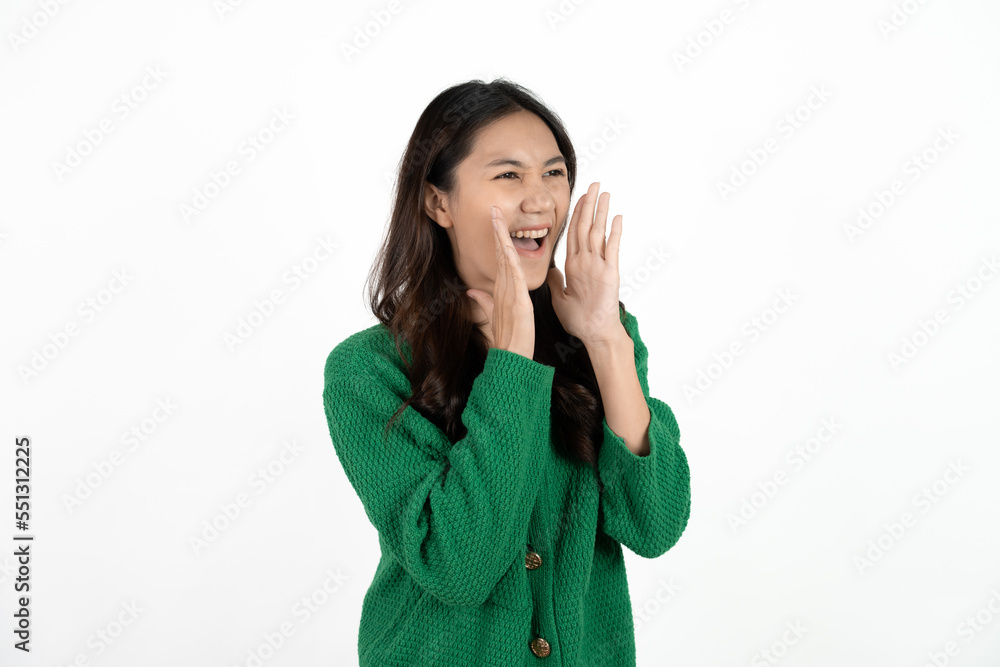 Surprised happy beauty asian woman looking copy space in excitement. Expressive facial expressions. Presenting some product. Beautiful girl act like a telling secret Isolated on white background. Surprised happy beauty asian woman looking copy space in excitement. Expressive facial expressions. Presenting some product. Beautiful girl act like a telling secret Isolated on white background.