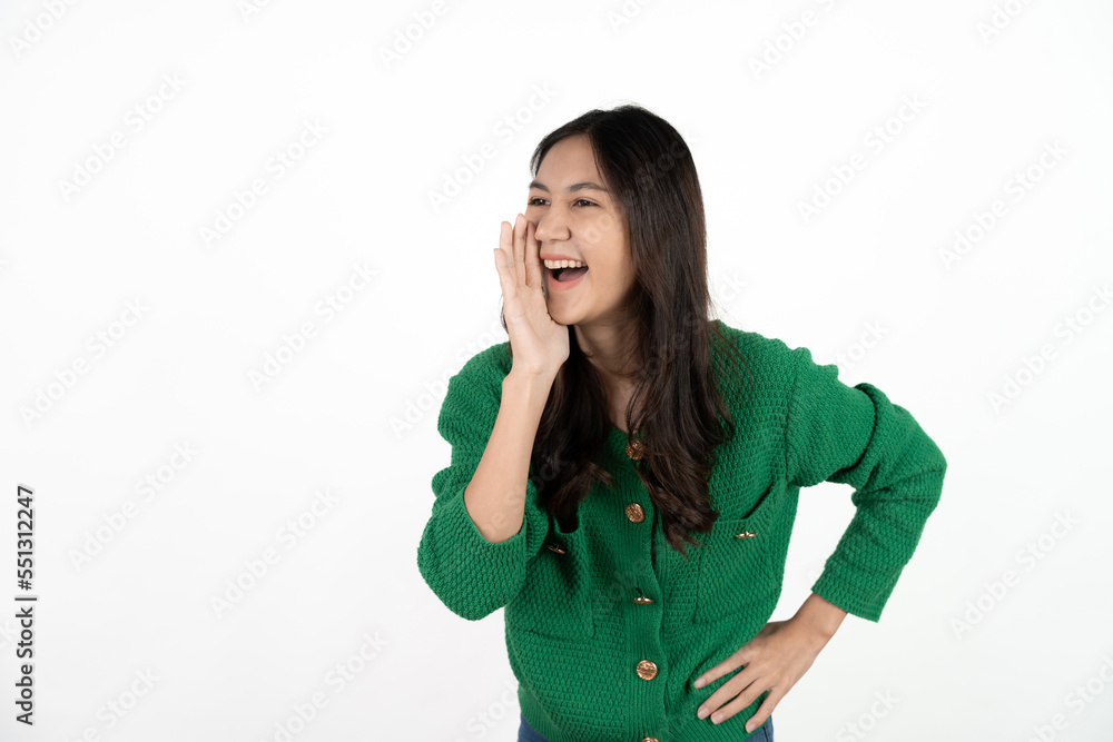 Surprised happy beauty asian woman looking copy space in excitement. Expressive facial expressions. Presenting some product. Beautiful girl act like a telling secret Isolated on white background. Surprised happy beauty asian woman looking copy space in excitement. Expressive facial expressions. Presenting some product. Beautiful girl act like a telling secret Isolated on white background.