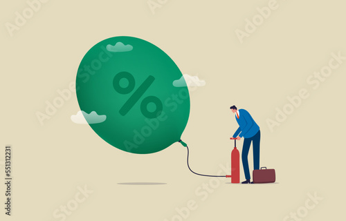 Inflation Bubble and the Financial. Crisis economic recession. Businessman inflates a percentage symbol balloon with tire pump. illustration