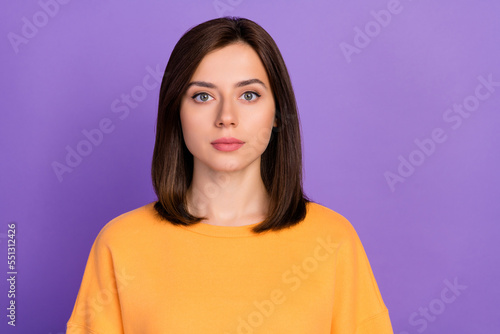 Closeup photo of young adorable nice pretty businesswoman wear yellow sweater serious face successful isolated on purple color background