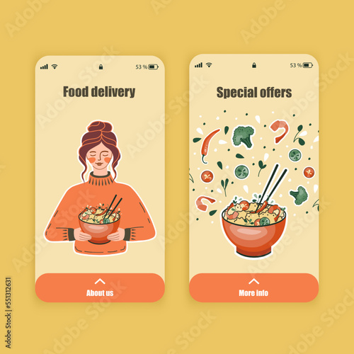 Adobe Illustrator ArtworkSet of UI, UX screens for mobile app about food delivery. Asian food Dashboard. Chinese, Korean or Japanese online shop. Template of the interface. photo