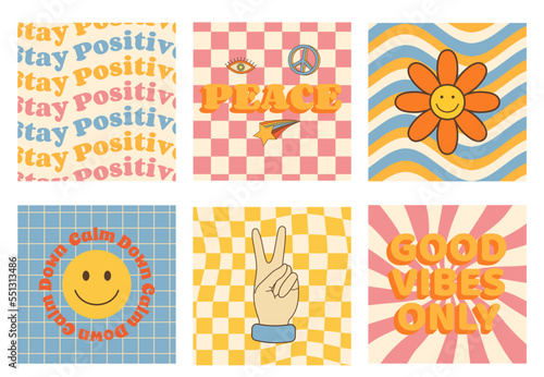 Retro groovy set card 60s-70s style. Daisy flowers, smile face, checkerboard pattern. Peace signs, freedom. Stay positive. Good vibes only. Hippie aesthetic background.