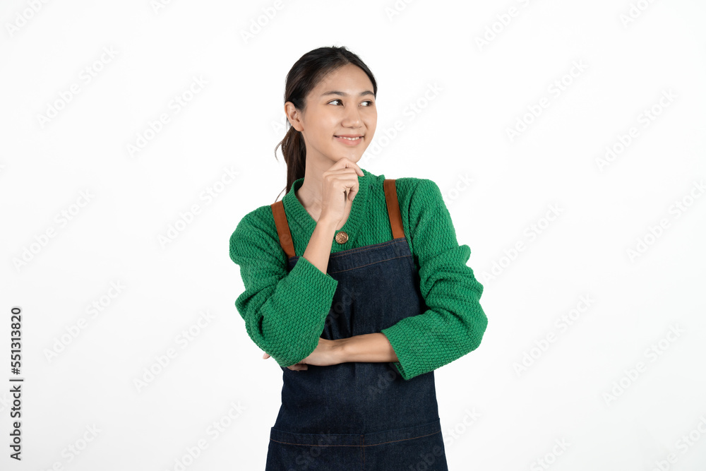 Small shop owner, entrepreneur or sales clerk standing happy and proud wearing apron. Young woman isolated on white background. Small shop owner, entrepreneur or sales clerk standing happy and proud wearing apron. Young woman isolated on white background.