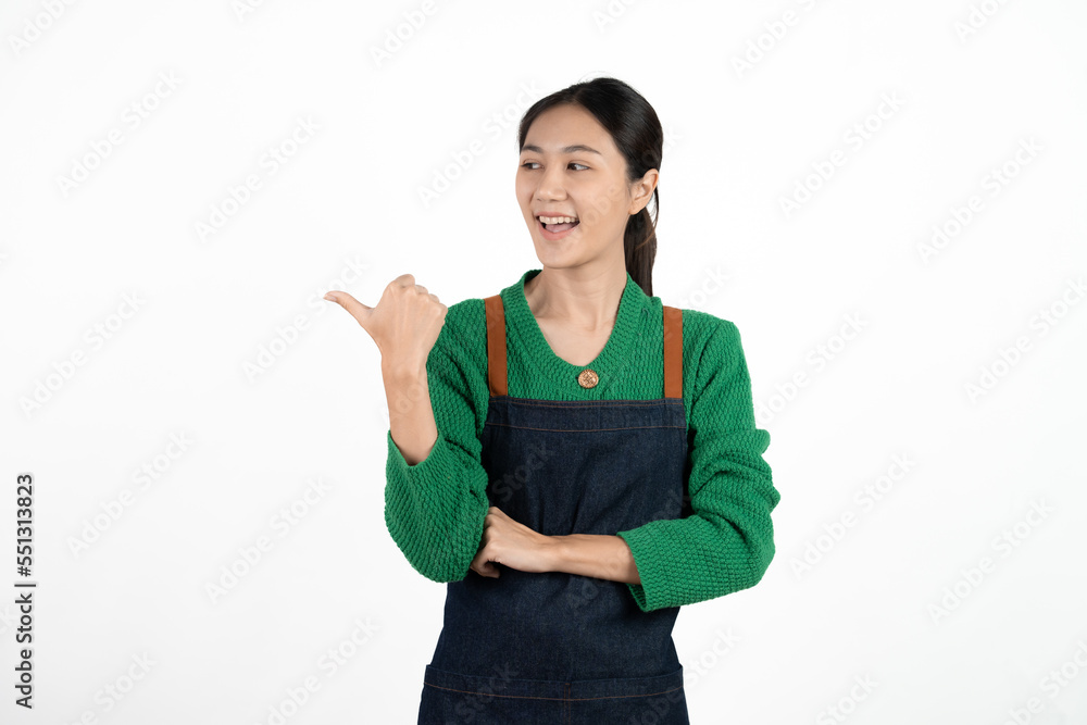 Small shop owner, entrepreneur or sales clerk standing happy and proud wearing apron. Young woman isolated on white background. Small shop owner, entrepreneur or sales clerk standing happy and proud wearing apron. Young woman isolated on white background.