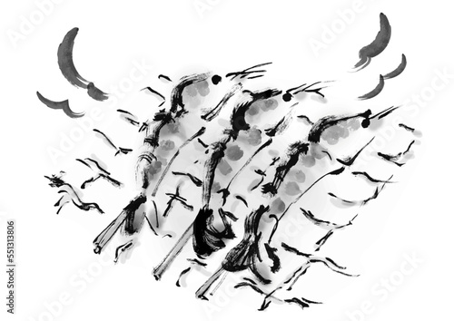 焼海老の手描き和風イラスト素材　白黒,モノクロ,単色