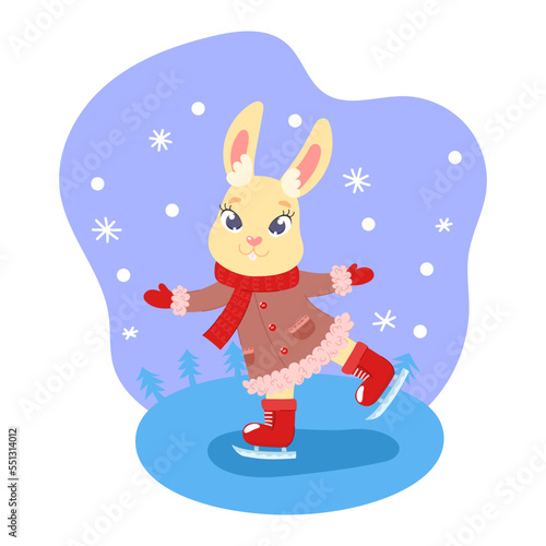 Vector image of a cute hare in a coat riding on skates surrounded by snowflakes