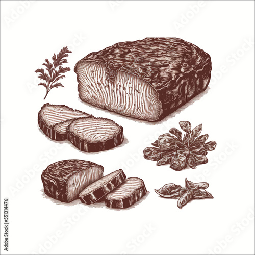 Sketch steak. Hand drawn beef food, engraving bbq meat strip. Flat vector illustrations isolated on white background