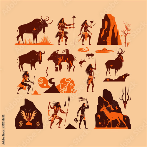 Prehistoric stone age people, tools and ancient wild animals isolated. Vector illustration