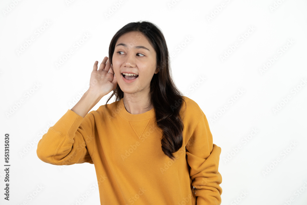 Young happy asian teen woman short story or making announcement isolated on white background. Young happy asian teen woman short story or making announcement isolated on white background.