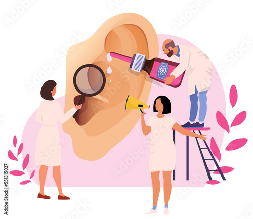 Ear medical examination concept. Hearing loss deaf diagnosis. Doctors at the otolaryngology appointment. Huge patient ear and tiny experts. Flat vector illustration