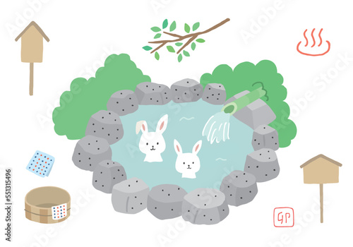 温泉に入るうさぎの手描きイラストセット