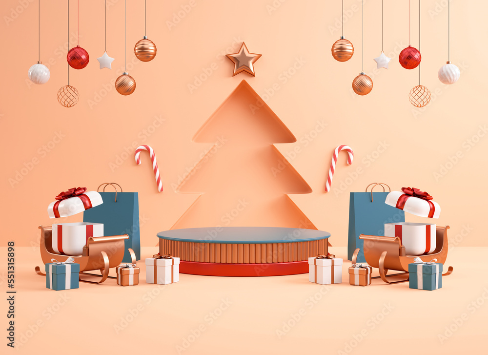 Christmas banner background template with a podium and festive ornaments scene for product stand