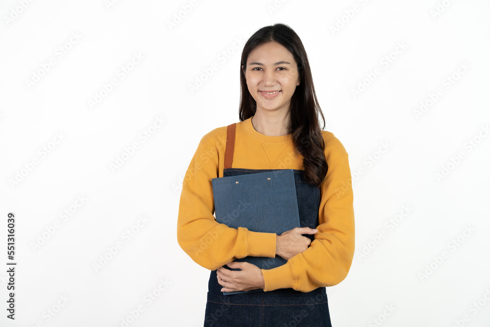 Happy young asian woman business owner wear apron and holding digital tablet for checking order from customer isolated on white background for SME franchise investment concept. Happy young asian woman business owner wear apron and holding digital tablet for checking order from customer isolated on white background for SME franchise investment concept.