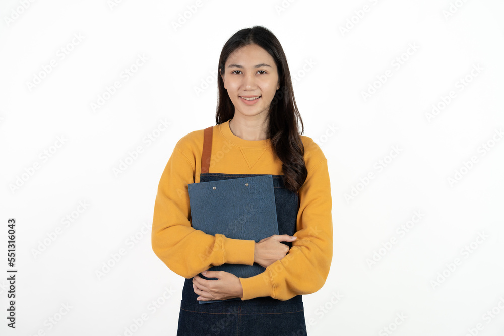 Happy young asian woman business owner wear apron and holding digital tablet for checking order from customer isolated on white background for SME franchise investment concept. Happy young asian woman business owner wear apron and holding digital tablet for checking order from customer isolated on white background for SME franchise investment concept.