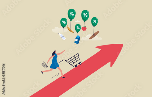 Food prices rising. Effect of the inflation rate on prices. Woman pushing a shopping cart following the food price chart arrow. illustration