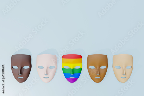 LGBTQ+ Gay pride flag mask. National coming out day concept. Rainbow colors theater masque on blue background, space. 3d illustration