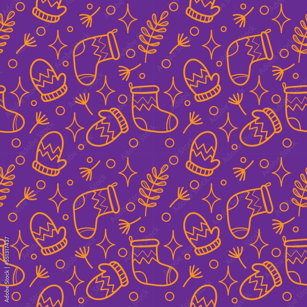 Vector Christmas Seamless Pattern with winter Cozy Orange elements on a Violet Background. Suitable for Printing, Textil, Wrapping paper, web design. Vector Christmas Seamless Pattern with winter Cozy Orange elements on a Violet Background. Suitable for Printing, Textil, Wrapping paper, web design.