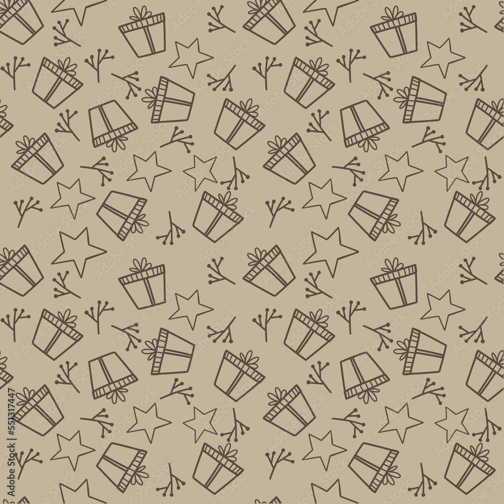 Seamless Christmas Background with Winter cozy elements on a Brown Background. Vector hand drawn Pattern.