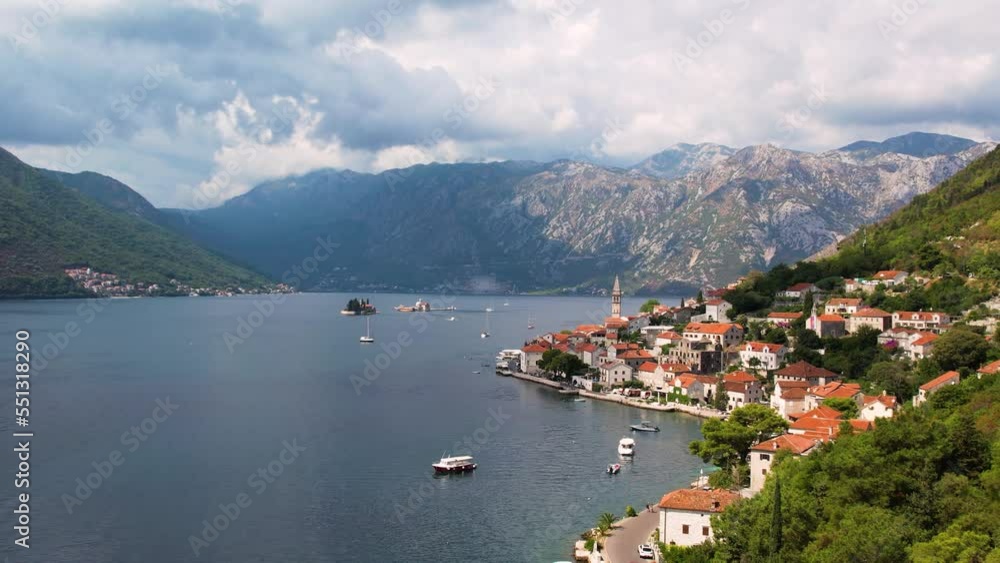 Aerial drone view of authentic architecture of Perast resort and Boka Kotor bay. Montenegro. Aerial drone view of authentic architecture of Perast resort and Boka Kotor bay. Montenegro.