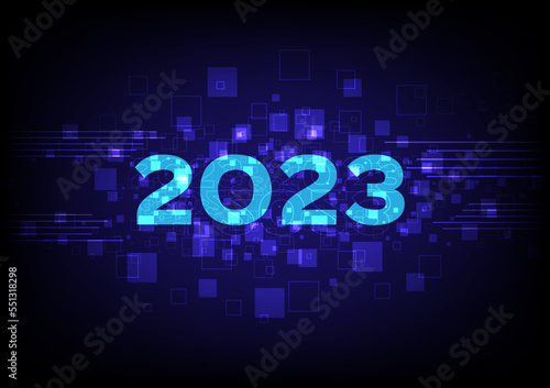 2023 futuristic new year festival. Digital computer technology celebration. Abstract geometric elements