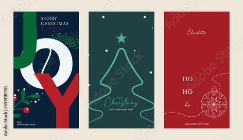Merry Christmas and Happy New Year Set of greeting cards, posters, holiday covers. Modern Xmas design with triangle firs pattern in green, red, white colors. Christmas tree, ball, decoration elements