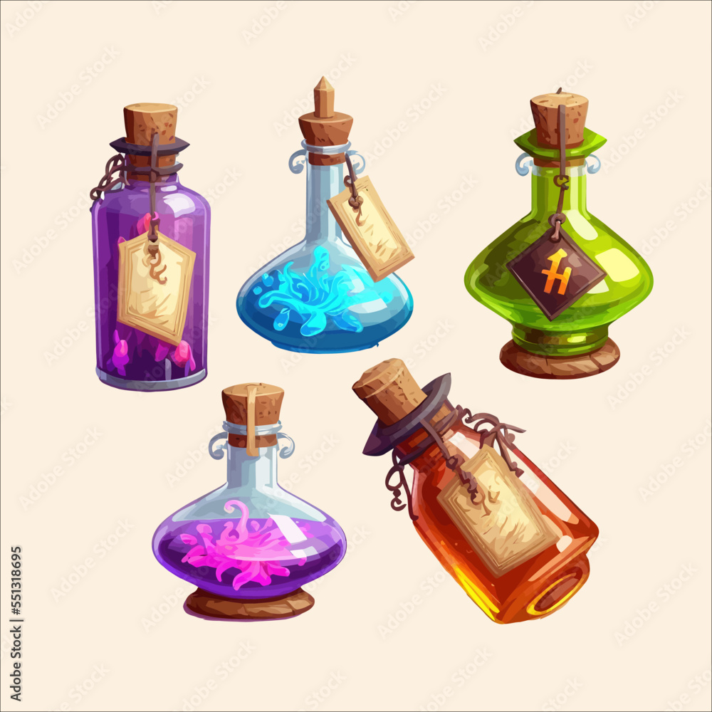 Potion bottles with magic elixir and tags, cartoon glass flasks. Flat