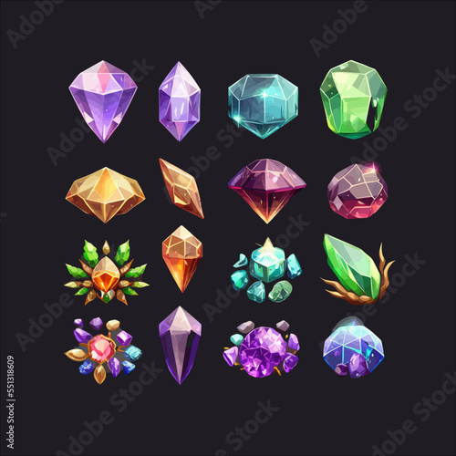 Precious gems, crystal stones in shape. Game icons of magic mineral crystals. Flat illustration isolated on white background