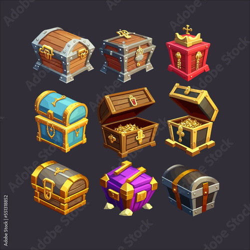 Treasure chests, game trunks, wooden boxes. Pirate loot, gui design element. Flat illustration isolated on gray background