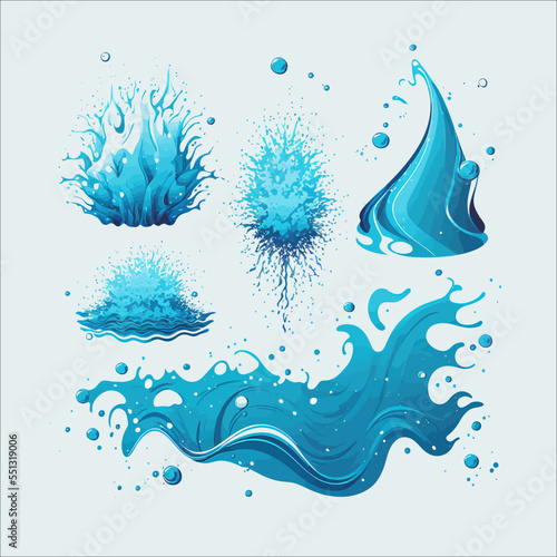 Blue water splashes, sea or ocean waves, swirls, fountain. Flat illustration isolated on white background