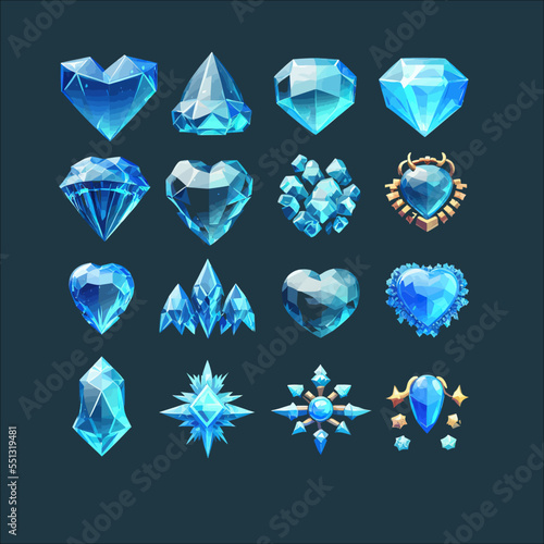 Precious gems, crystal stones in shape. Game icons of magic mineral crystals. Flat illustration isolated on white background
