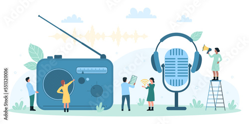 Sound recording with studio equipment vector illustration. Cartoon tiny people record and listen to music, news show and live interview, radio broadcasts, characters using headphones and microphone