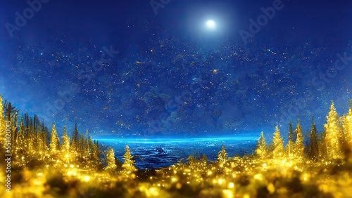 Ultramarine blue sky with the moon shining on the winter landscape with the golden trees 
