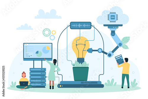 Eco science innovation, technology and idea improvement vector illustration. Cartoon tiny people repair light bulb, engineering modern creative lamp with help of robot arms and laboratory equipment