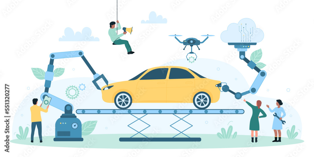 Car production in factory, automatic assembly of automobile on conveyor line vector illustration. Cartoon tiny people, drones and robot arms working together, installing vehicle parts and electronics